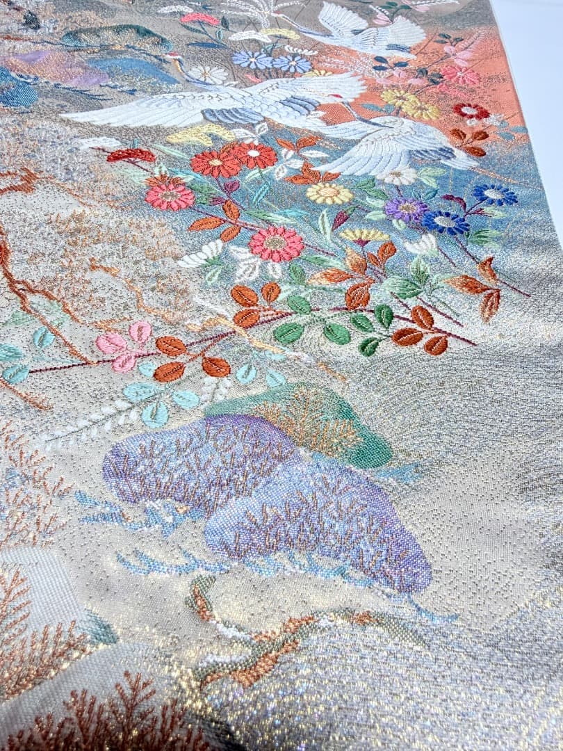 高級 袋帯 正絹 六通柄 九百錦 シャンパンゴールド 唐織 丹頂鶴 訪問着