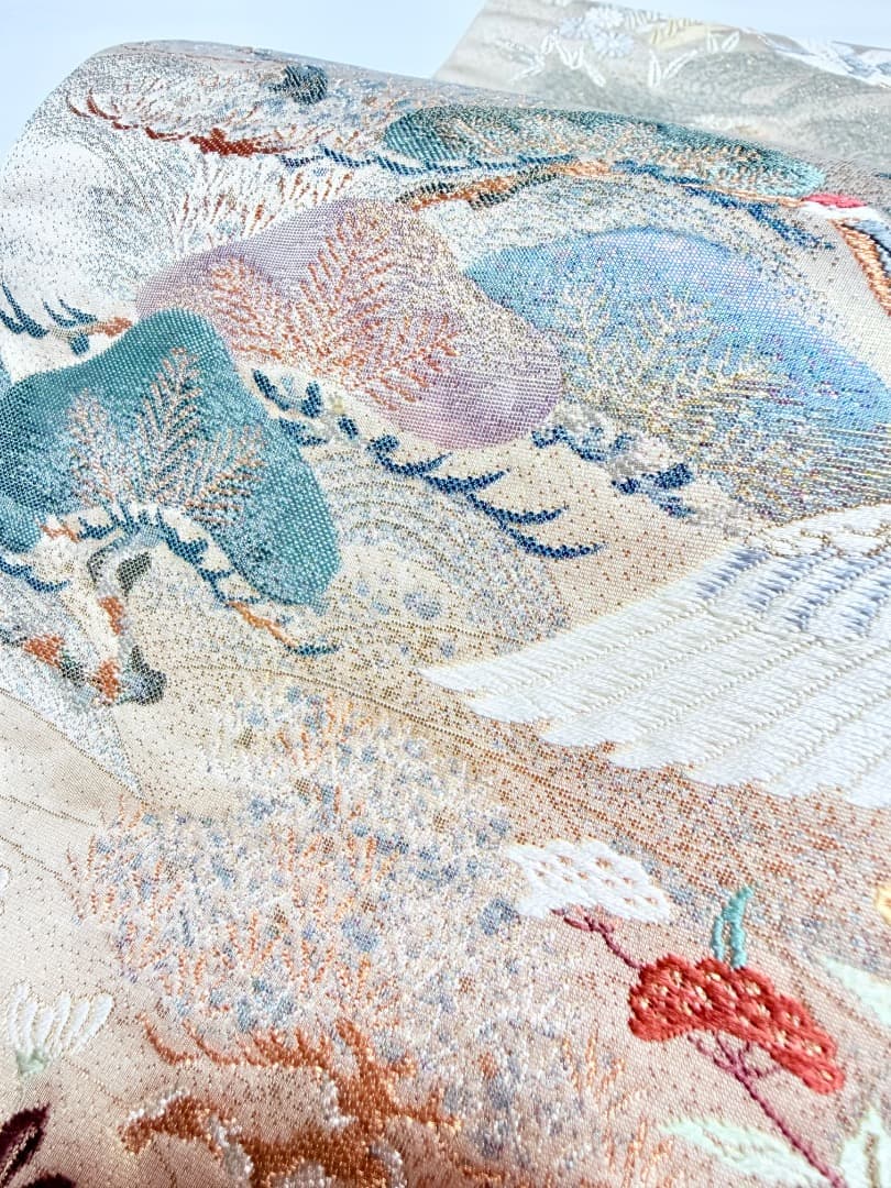 高級 袋帯 正絹 六通柄 九百錦 シャンパンゴールド 唐織 丹頂鶴 訪問着