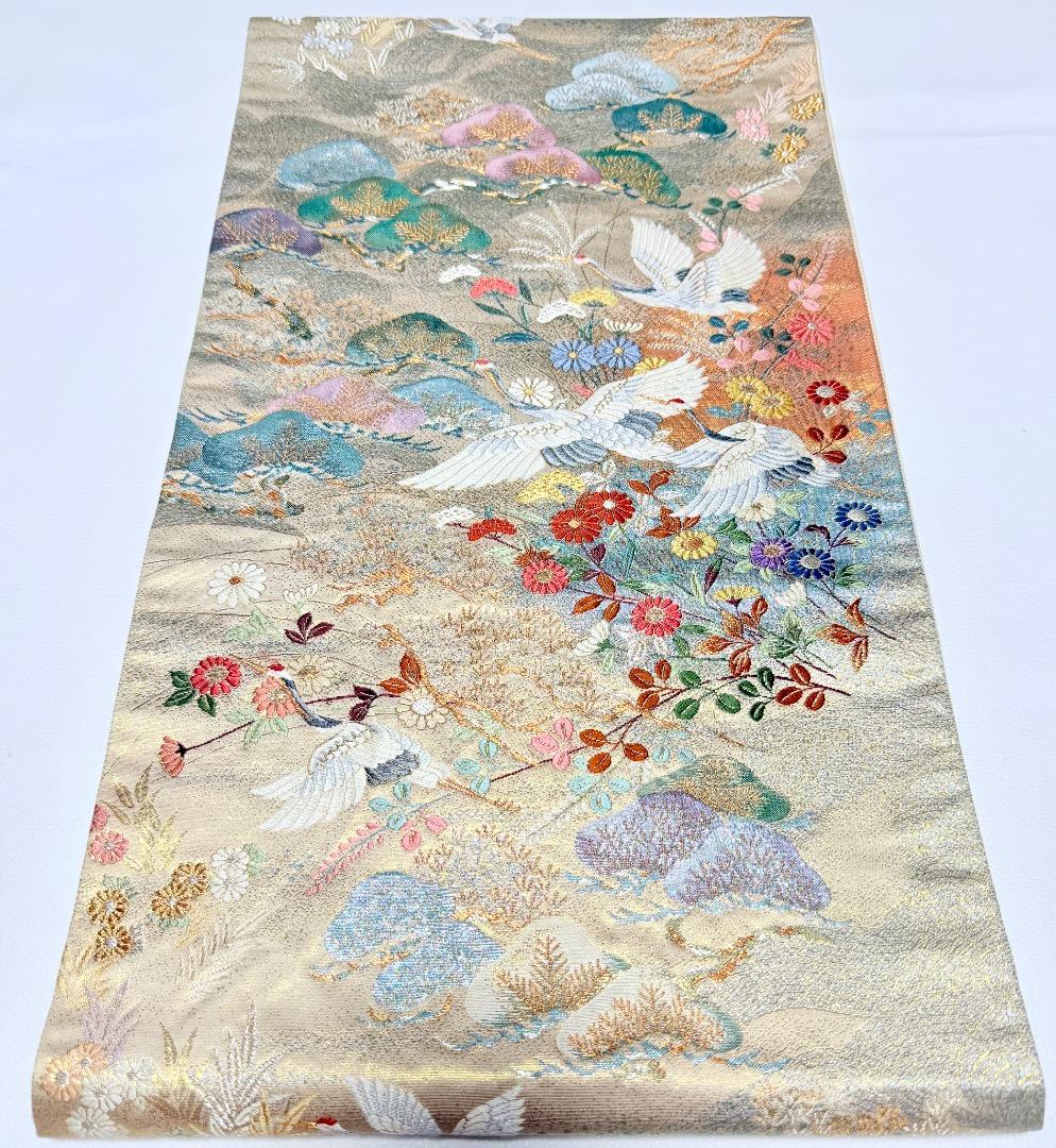 高級 袋帯 正絹 六通柄 九百錦 シャンパンゴールド 唐織 丹頂鶴 訪問着