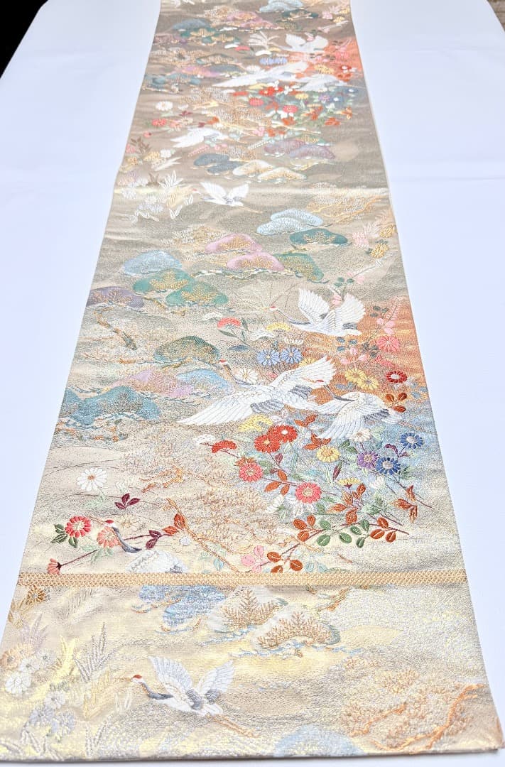 高級 袋帯 正絹 六通柄 九百錦 シャンパンゴールド 唐織 丹頂鶴 訪問着