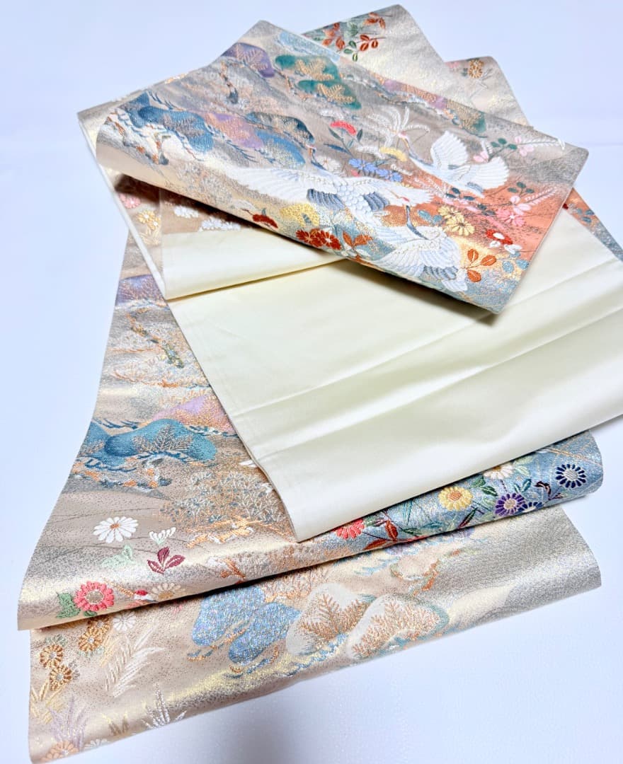 高級 袋帯 正絹 六通柄 九百錦 シャンパンゴールド 唐織 丹頂鶴 訪問着