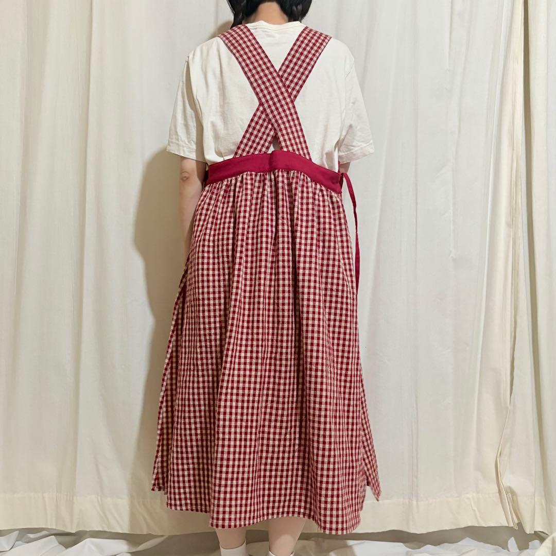 ギンガムチェックエプロンワンピース 綿麻　赤✖︎生成　ナチュラルエプロン　脇リボン