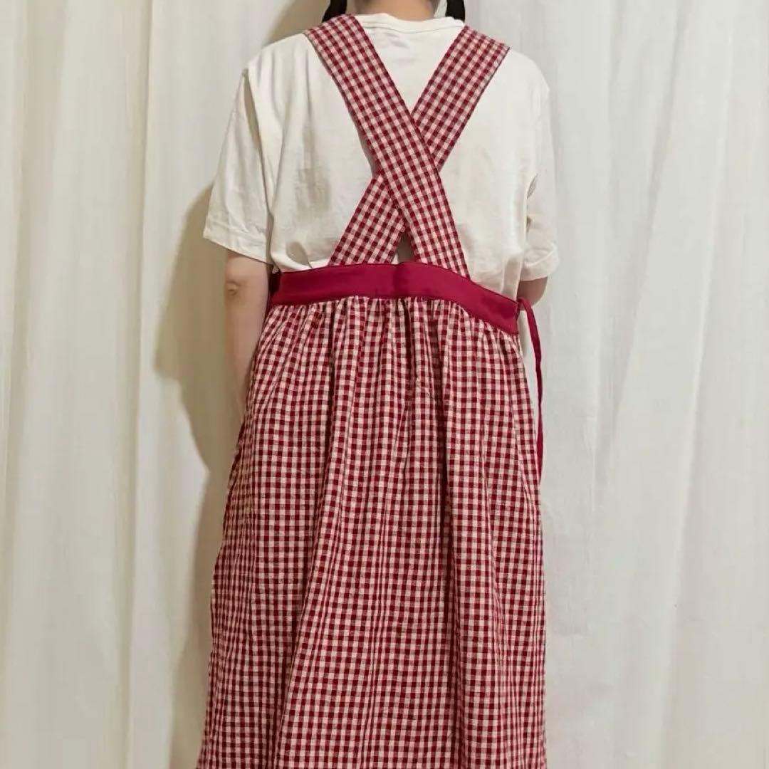 ギンガムチェックエプロンワンピース 綿麻　赤✖︎生成　ナチュラルエプロン　脇リボン