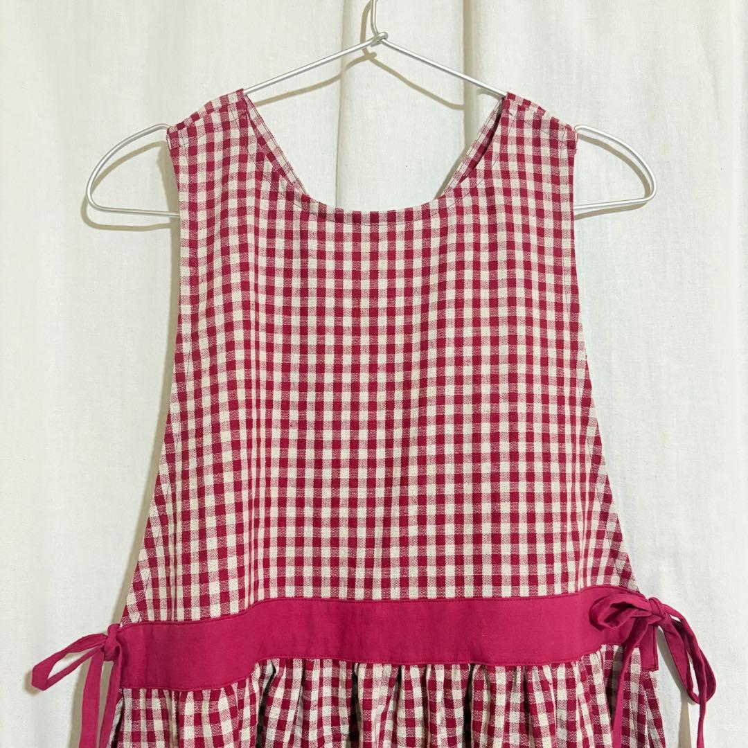 ギンガムチェックエプロンワンピース 綿麻　赤✖︎生成　ナチュラルエプロン　脇リボン