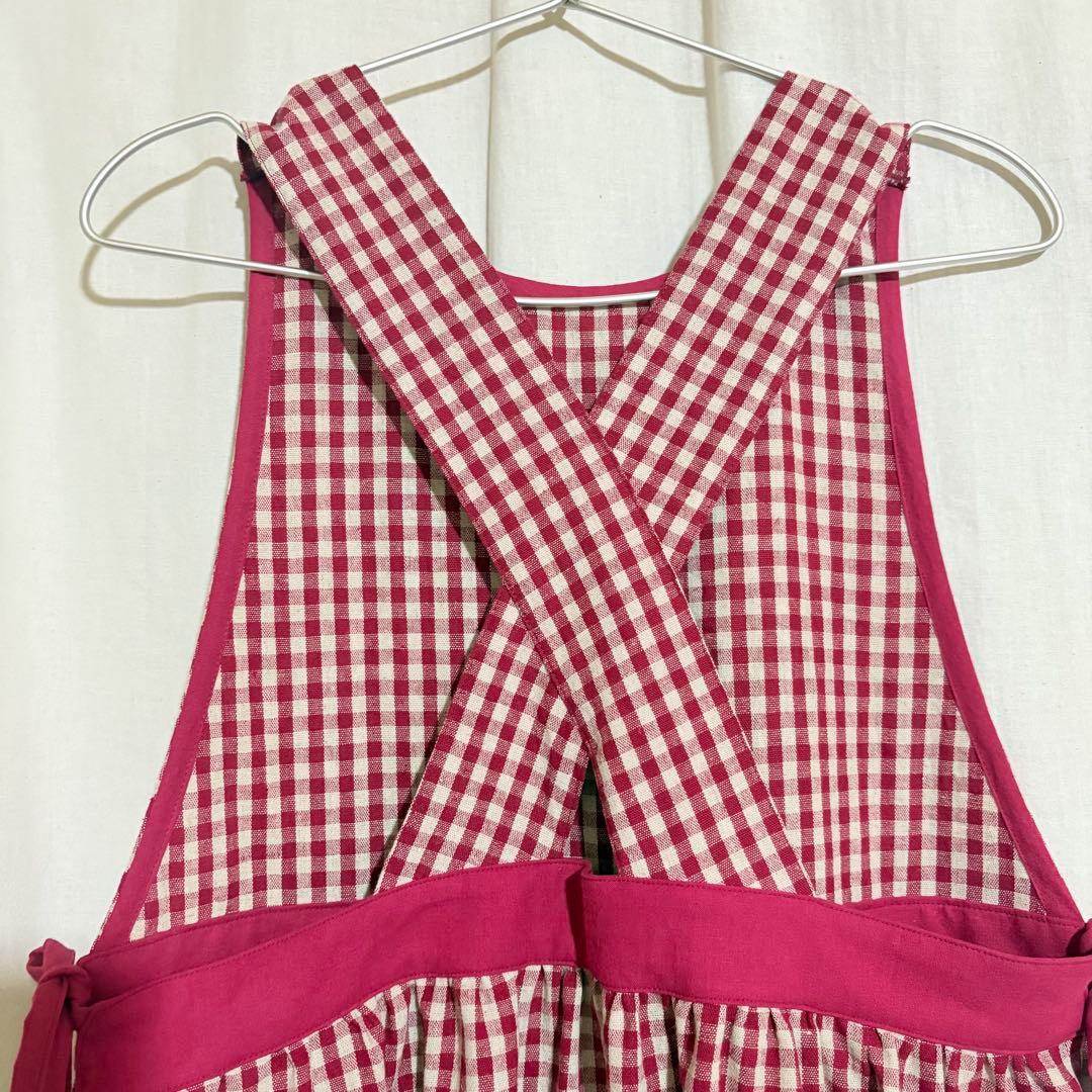 ギンガムチェックエプロンワンピース 綿麻　赤✖︎生成　ナチュラルエプロン　脇リボン