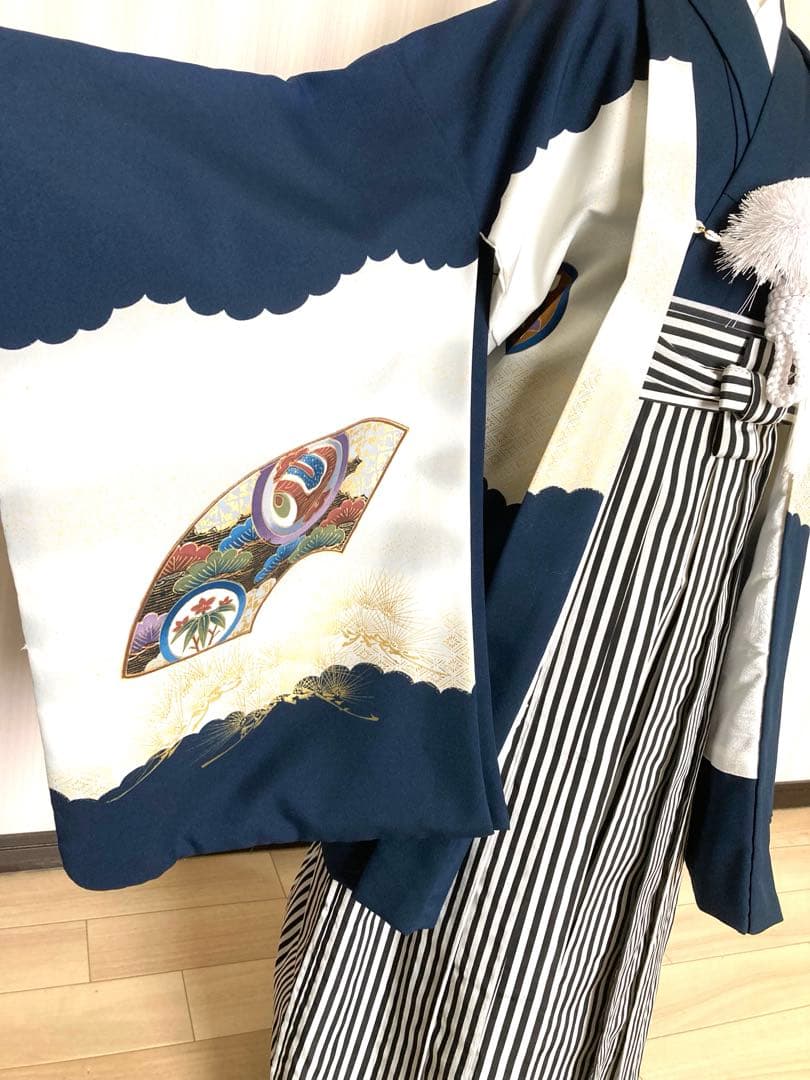 七五三男児M I N98濃紺羽織に黒シマ袴※サイズ大きめ