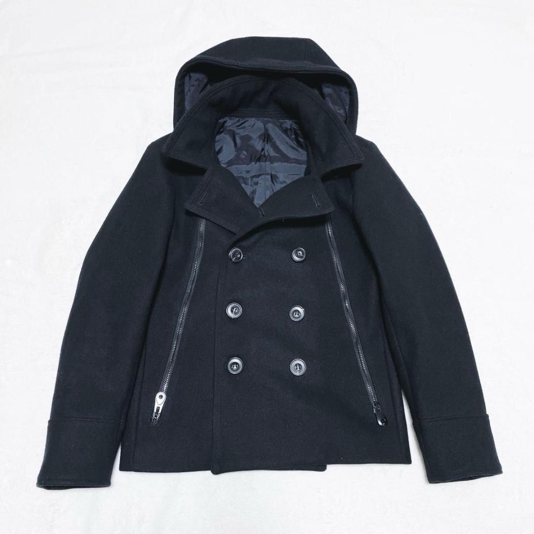 ジュンハシモト Pコート ロングジップ カシミア混 フード付き サイズM