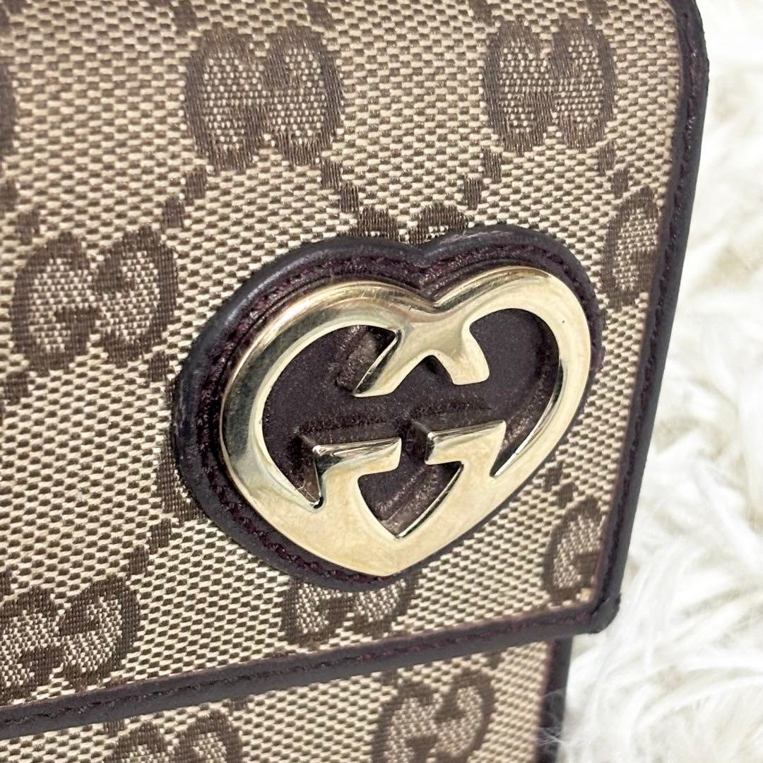 美品✨GUCCI 長財布 wホック ラブリーハート　GGキャンバス　ブラウン