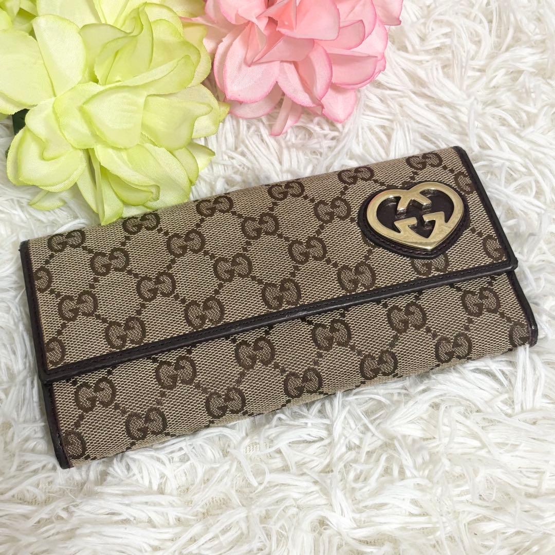 美品✨GUCCI 長財布 wホック ラブリーハート　GGキャンバス　ブラウン