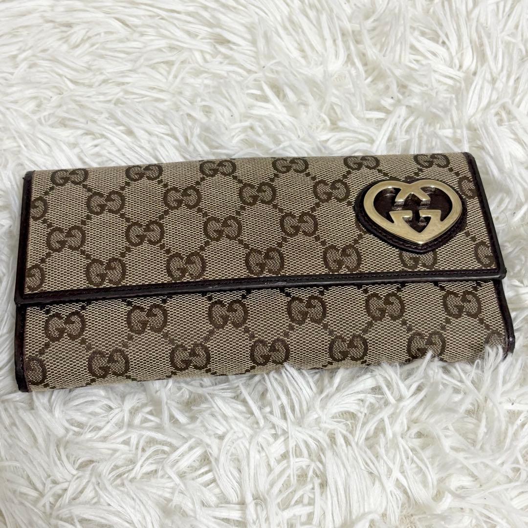 美品✨GUCCI 長財布 wホック ラブリーハート　GGキャンバス　ブラウン