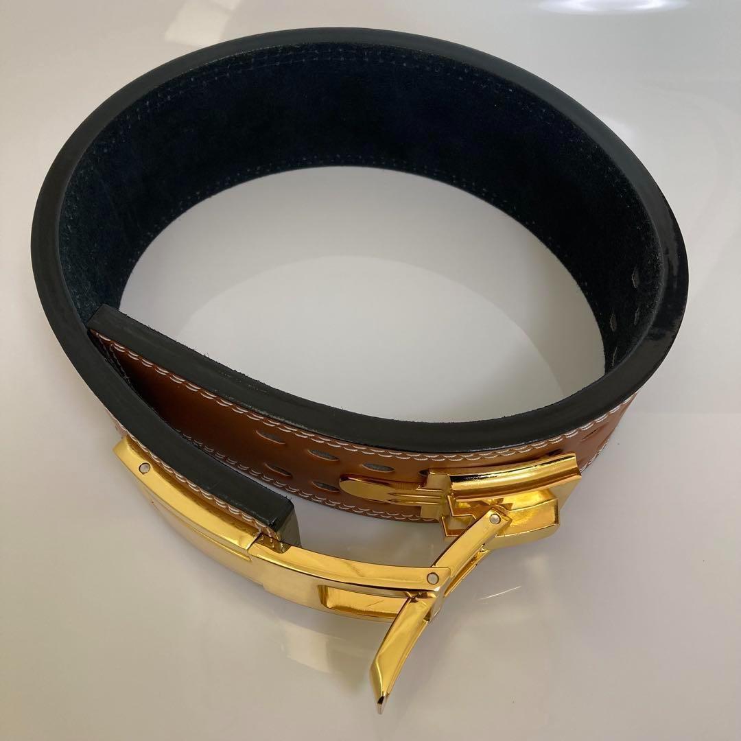 【訳あり】パワーベルト レバーアクション ワンタッチ可変式 ブラウン×金 本革