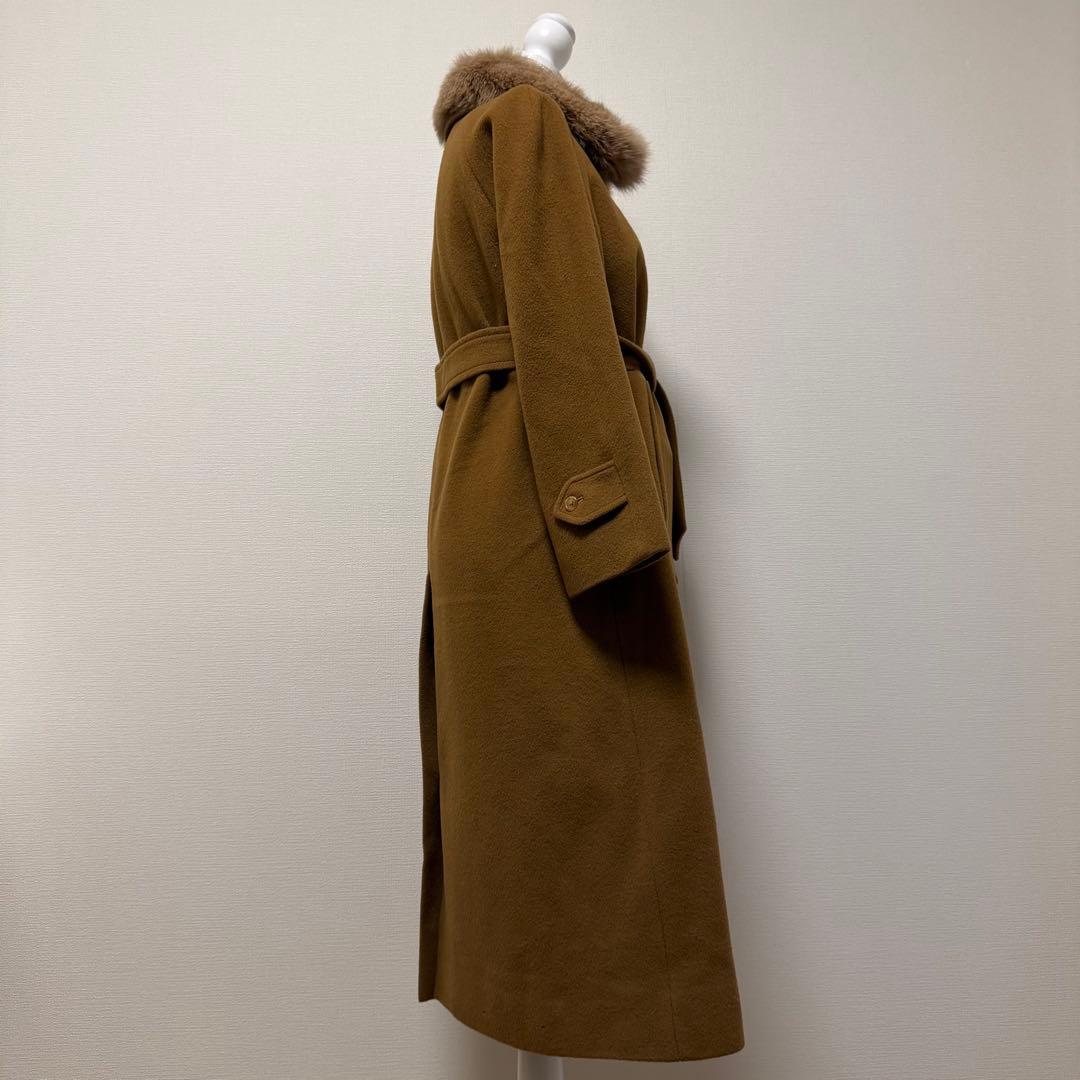 バーバリーズ　ロングコート　キャメル混　フォックスファー　裏地ホースロゴ　ベルト