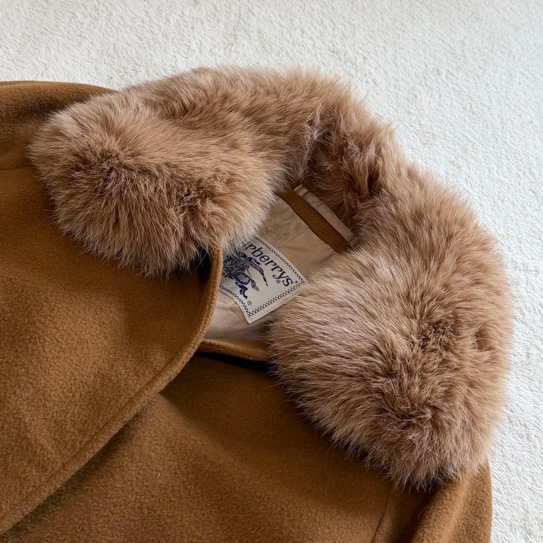 バーバリーズ　ロングコート　キャメル混　フォックスファー　裏地ホースロゴ　ベルト