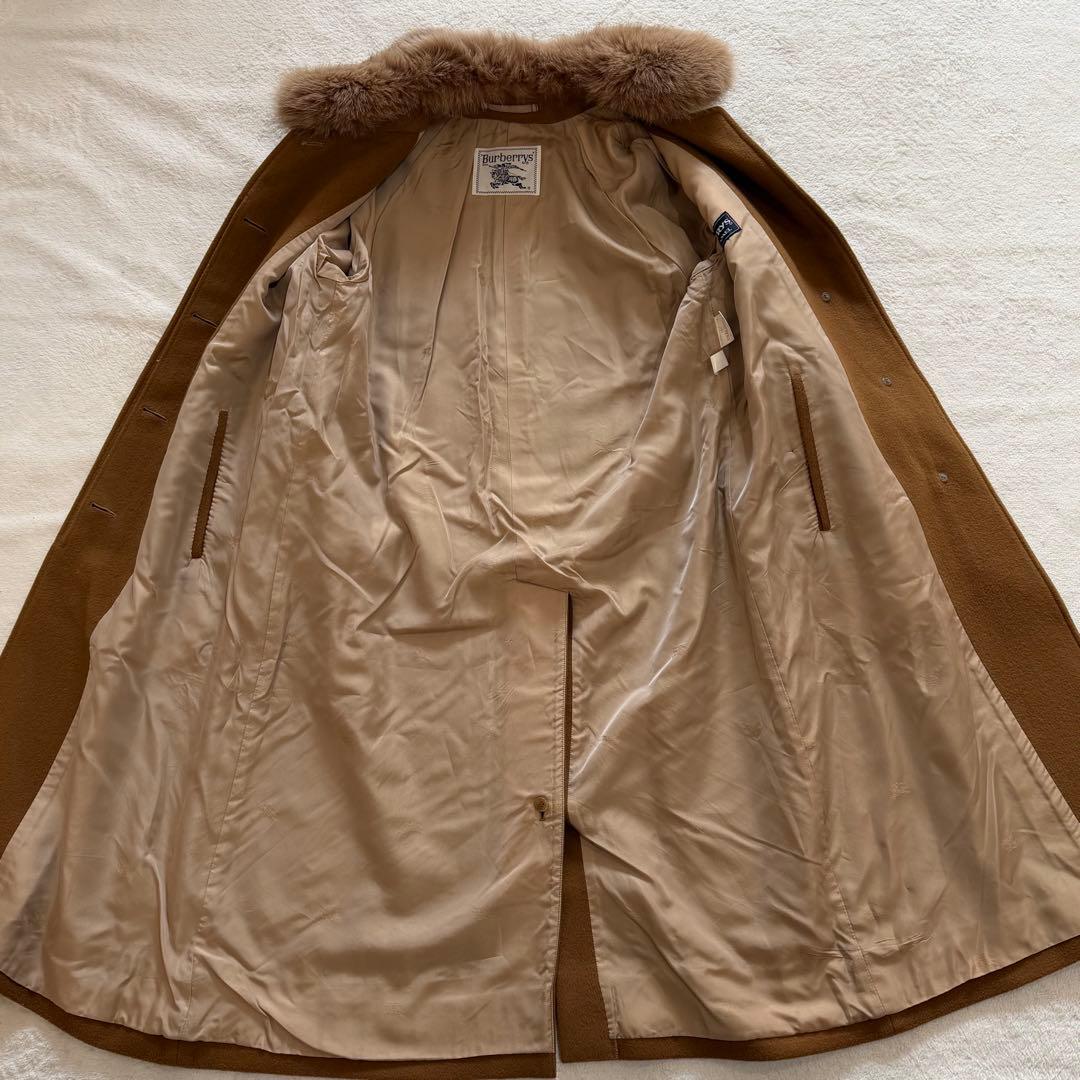 バーバリーズ　ロングコート　キャメル混　フォックスファー　裏地ホースロゴ　ベルト