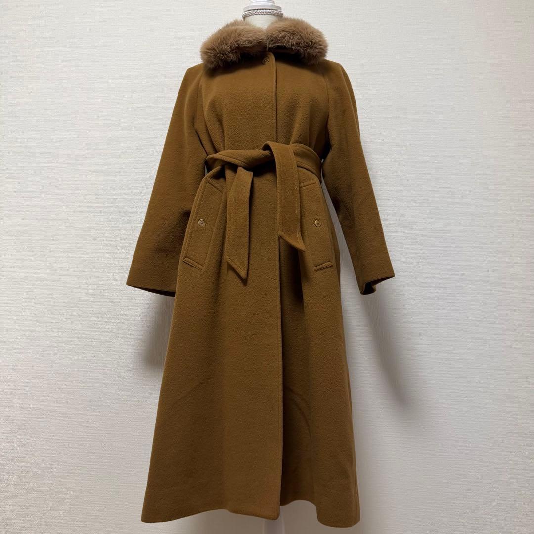 バーバリーズ　ロングコート　キャメル混　フォックスファー　裏地ホースロゴ　ベルト