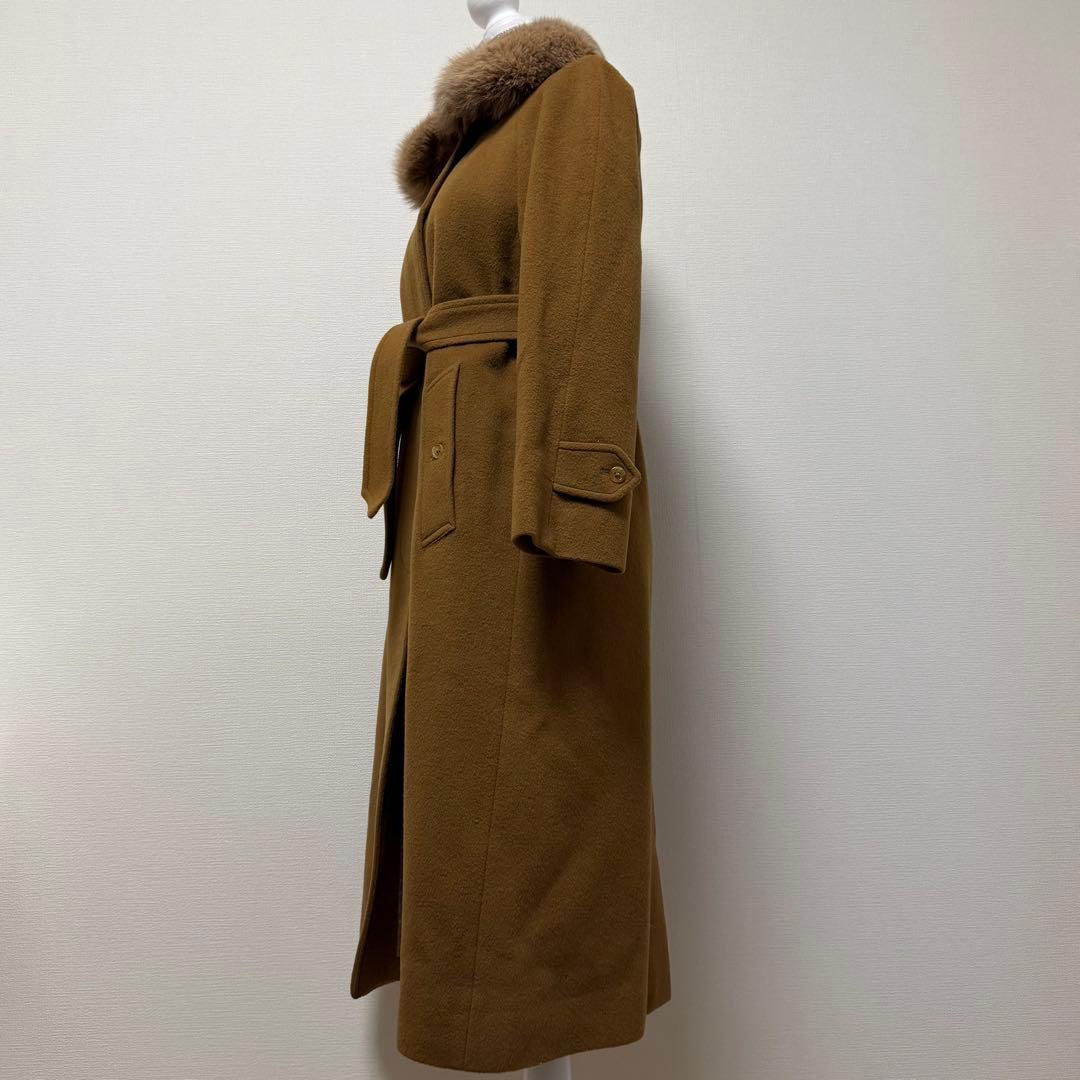 バーバリーズ　ロングコート　キャメル混　フォックスファー　裏地ホースロゴ　ベルト