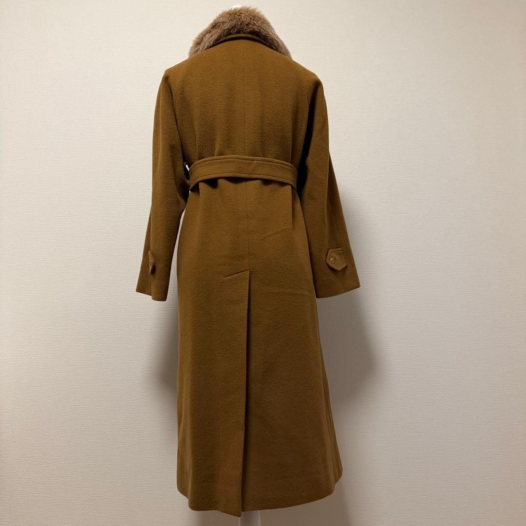 バーバリーズ　ロングコート　キャメル混　フォックスファー　裏地ホースロゴ　ベルト