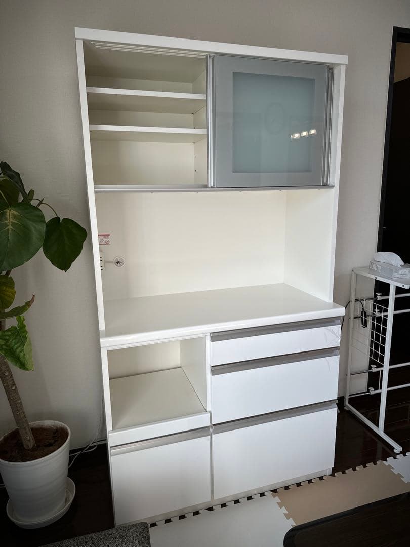 食器棚 カップボード 幅98 送料込み 鏡面ホワイト