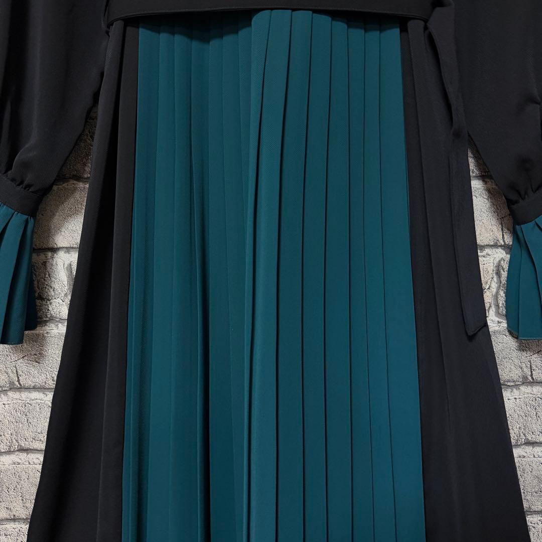 【美品】HARE　ソデプリーツキリカエワンピース　ブラック×グリーン　ベルト付