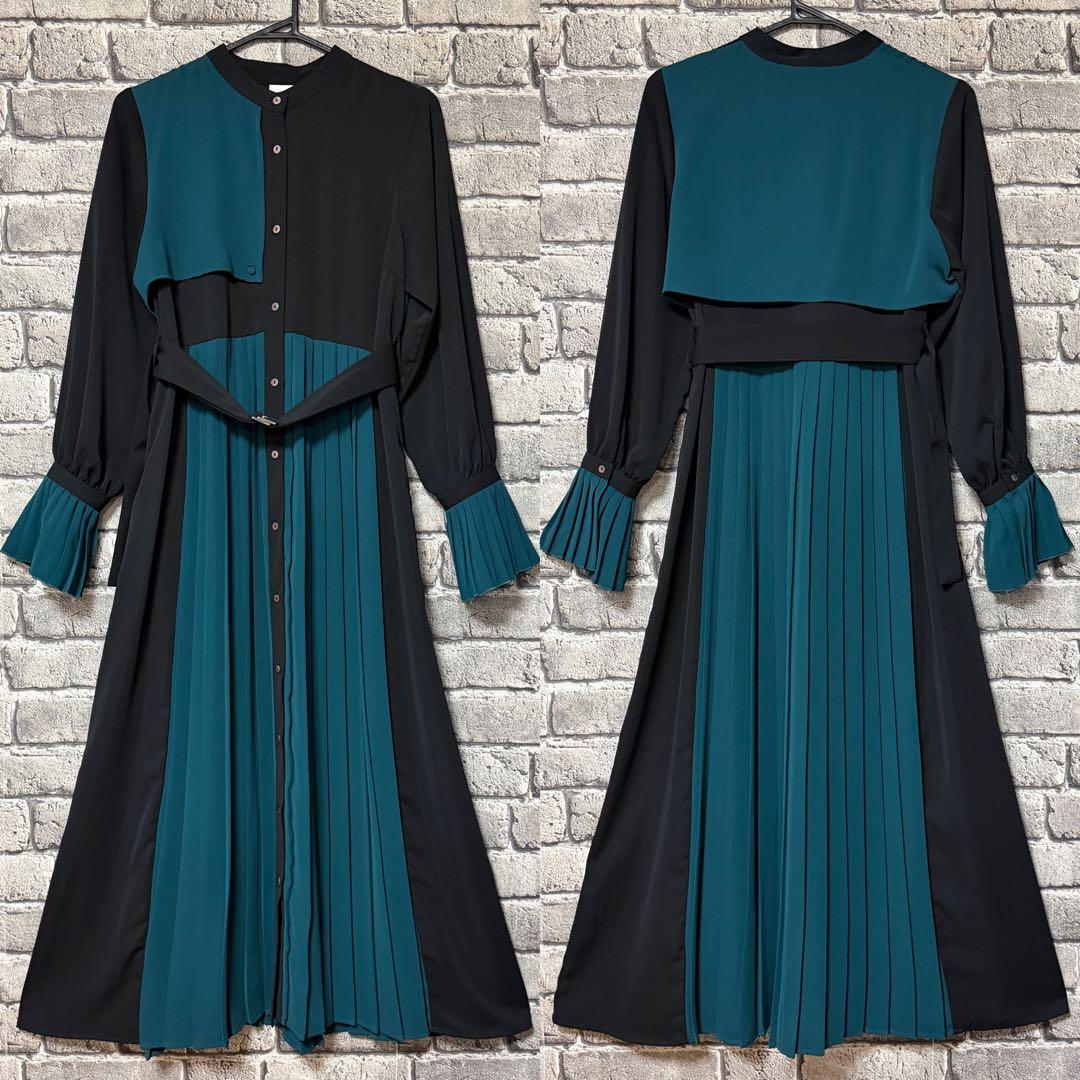 【美品】HARE　ソデプリーツキリカエワンピース　ブラック×グリーン　ベルト付