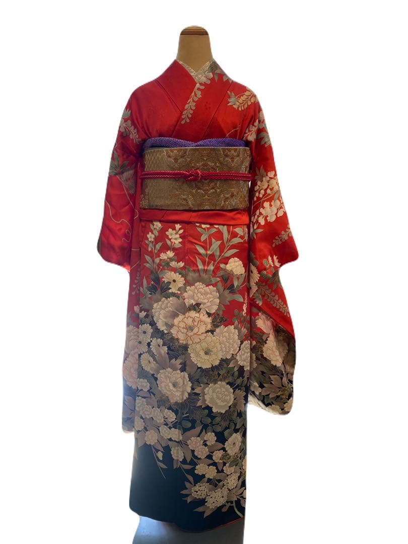 振袖 赤と黒 花柄　振袖&帯&帯揚げ&帯締め4点セット成人式　結婚式　卒業式