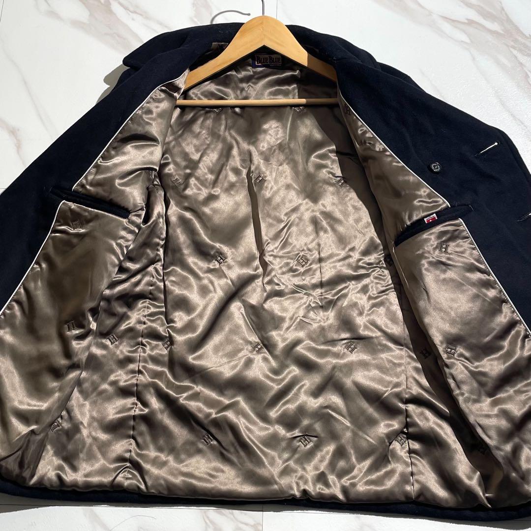 【希少】ブルーブルー Pコート カシミヤ混 メルトン 裏地ロゴ柄 Lサイズ 黒