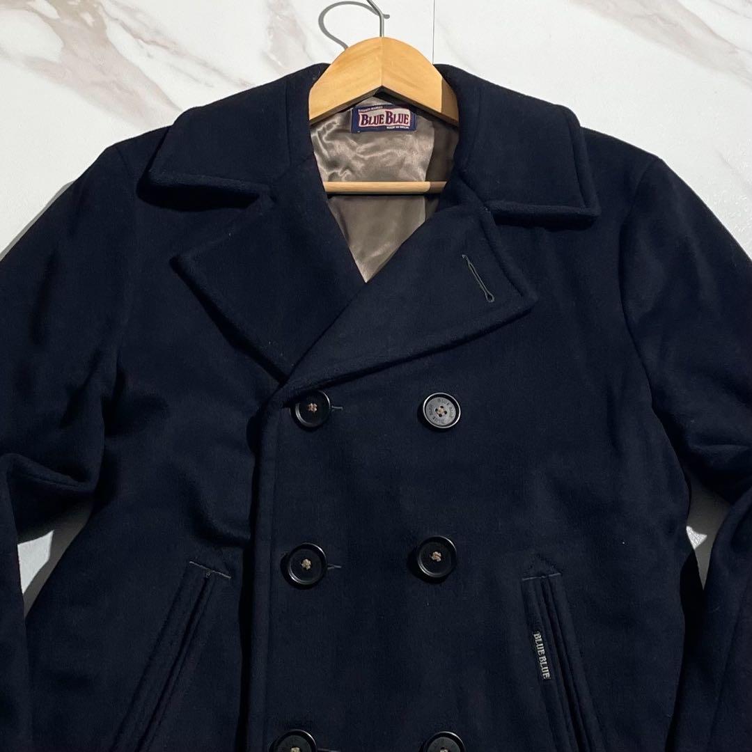【希少】ブルーブルー Pコート カシミヤ混 メルトン 裏地ロゴ柄 Lサイズ 黒