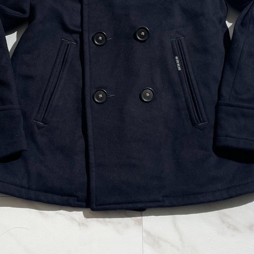 【希少】ブルーブルー Pコート カシミヤ混 メルトン 裏地ロゴ柄 Lサイズ 黒