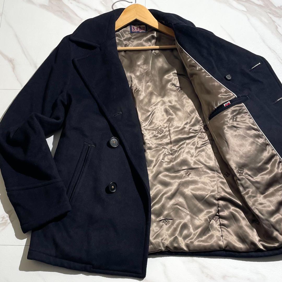 【希少】ブルーブルー Pコート カシミヤ混 メルトン 裏地ロゴ柄 Lサイズ 黒