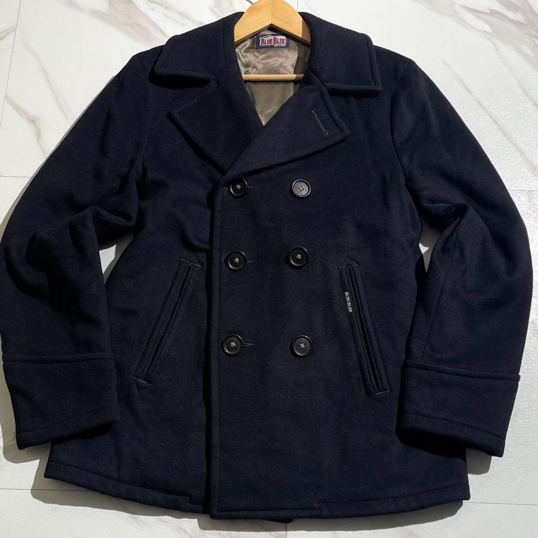 【希少】ブルーブルー Pコート カシミヤ混 メルトン 裏地ロゴ柄 Lサイズ 黒