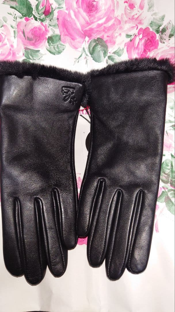 アニエスベー　手袋　レザー　黒　スマホ対応　ファー　２１センチ