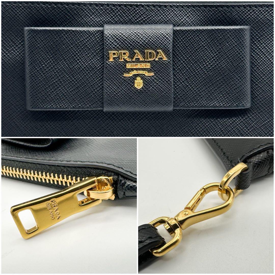 【使用わずか】プラダ リストレット リボン クラッチバッグ サフィアーノ ポーチ