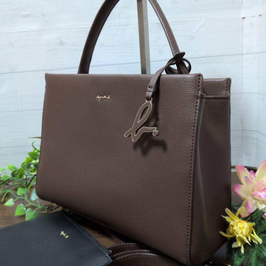 アニエスベー 2way レザーショルダーバッグ　ブラウン　チャーム ポーチ付