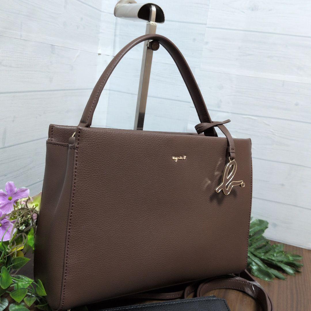 アニエスベー 2way レザーショルダーバッグ　ブラウン　チャーム ポーチ付