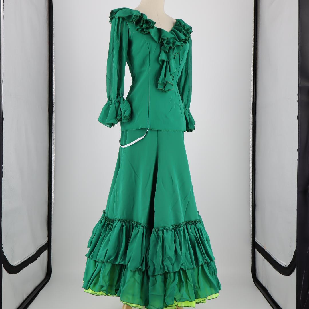 【美品 フラメンコ衣装】グリーン×イエロー×豪華フリル ブラウス ファルダ