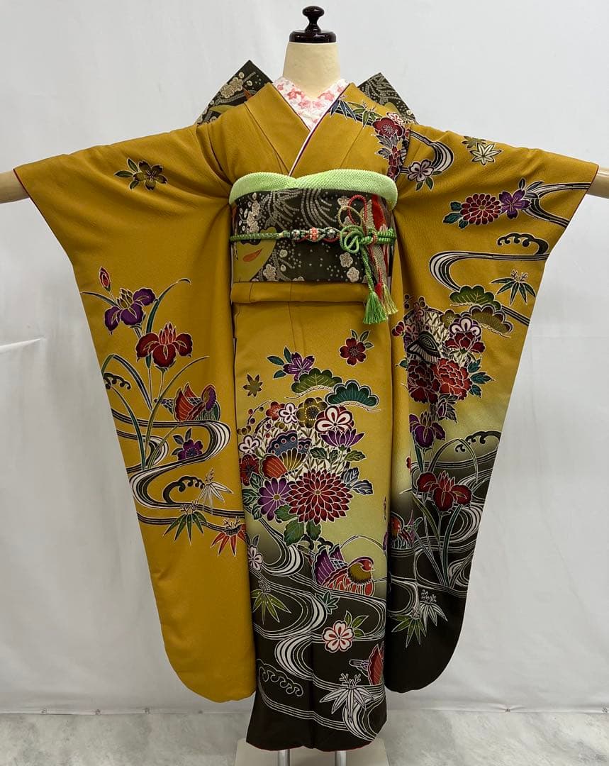 振り袖　フルセット　別誂長襦袢付　高級紅型　手描き　万葉集　袋帯　529