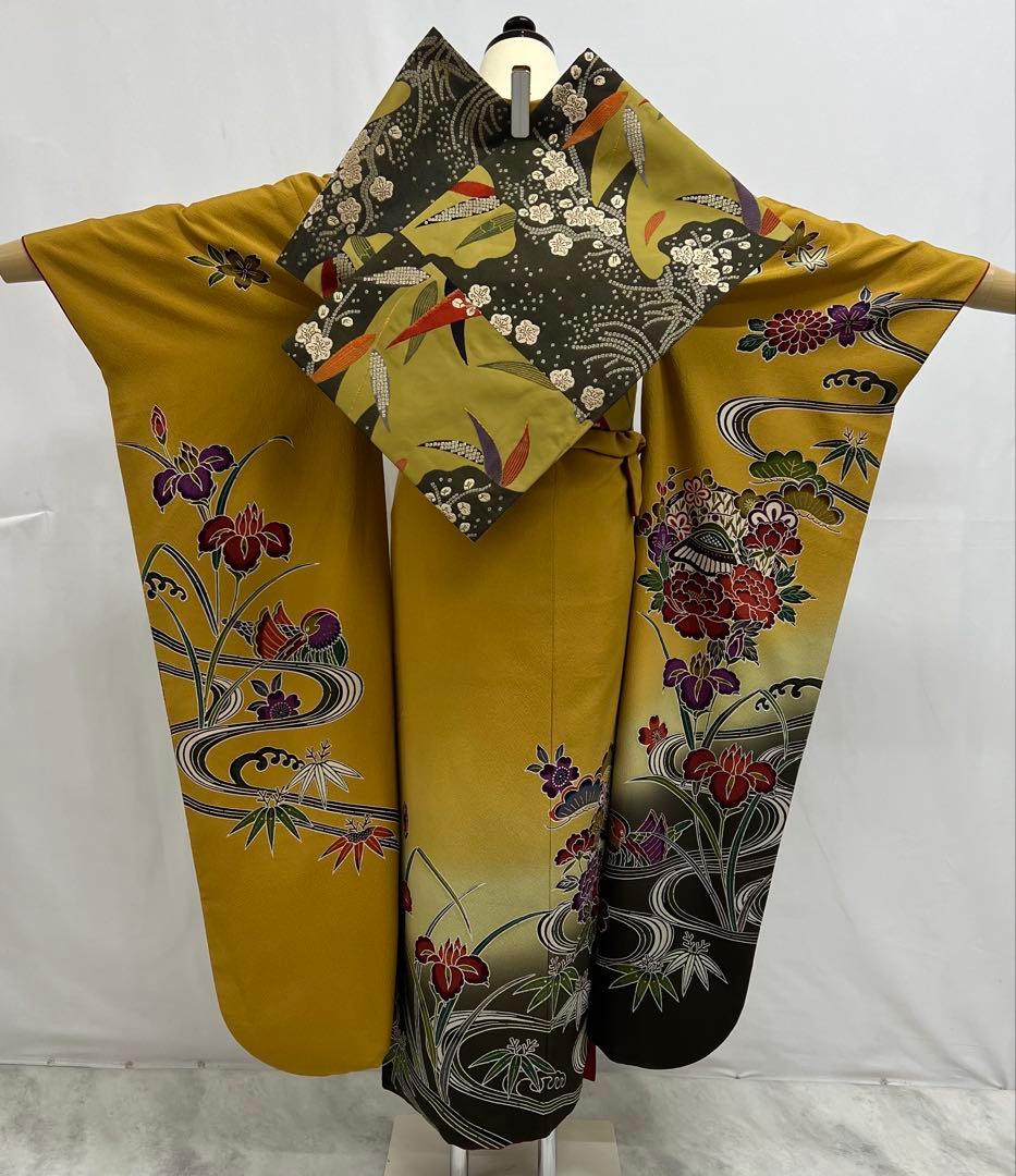 振り袖　フルセット　別誂長襦袢付　高級紅型　手描き　万葉集　袋帯　529