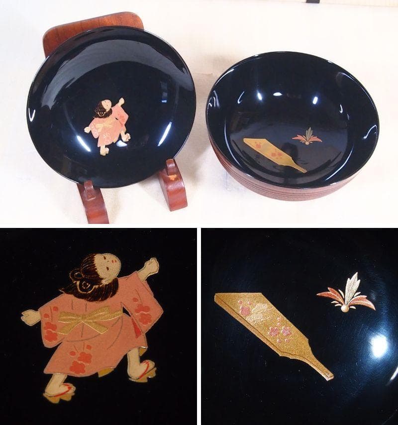 【未使用】輪島塗 童蒔絵 煮物椀 5客 千筋木地呂塗 雑煮椀/大椀 信斎/松斎