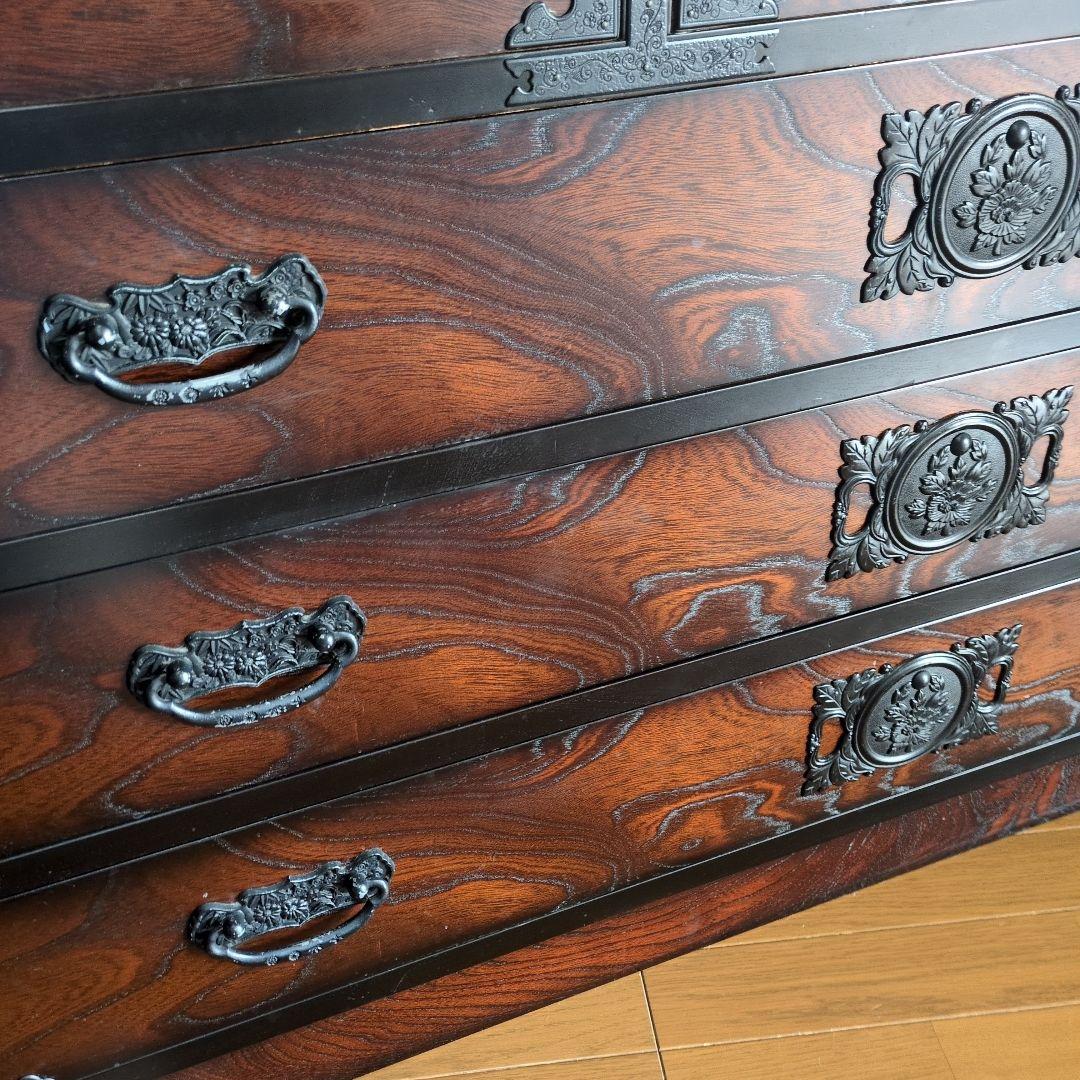 民芸家具 欅天然木化粧合板 整理箪笥 時代箪笥 4段チェスト 鉄金具 和家具