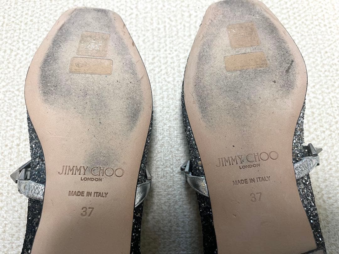 ジミーチュウ グリッター スクエアトゥ フラットパンプスシルバー×ブラック 37