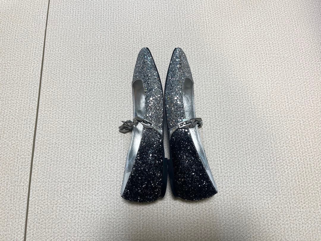 ジミーチュウ グリッター スクエアトゥ フラットパンプスシルバー×ブラック 37