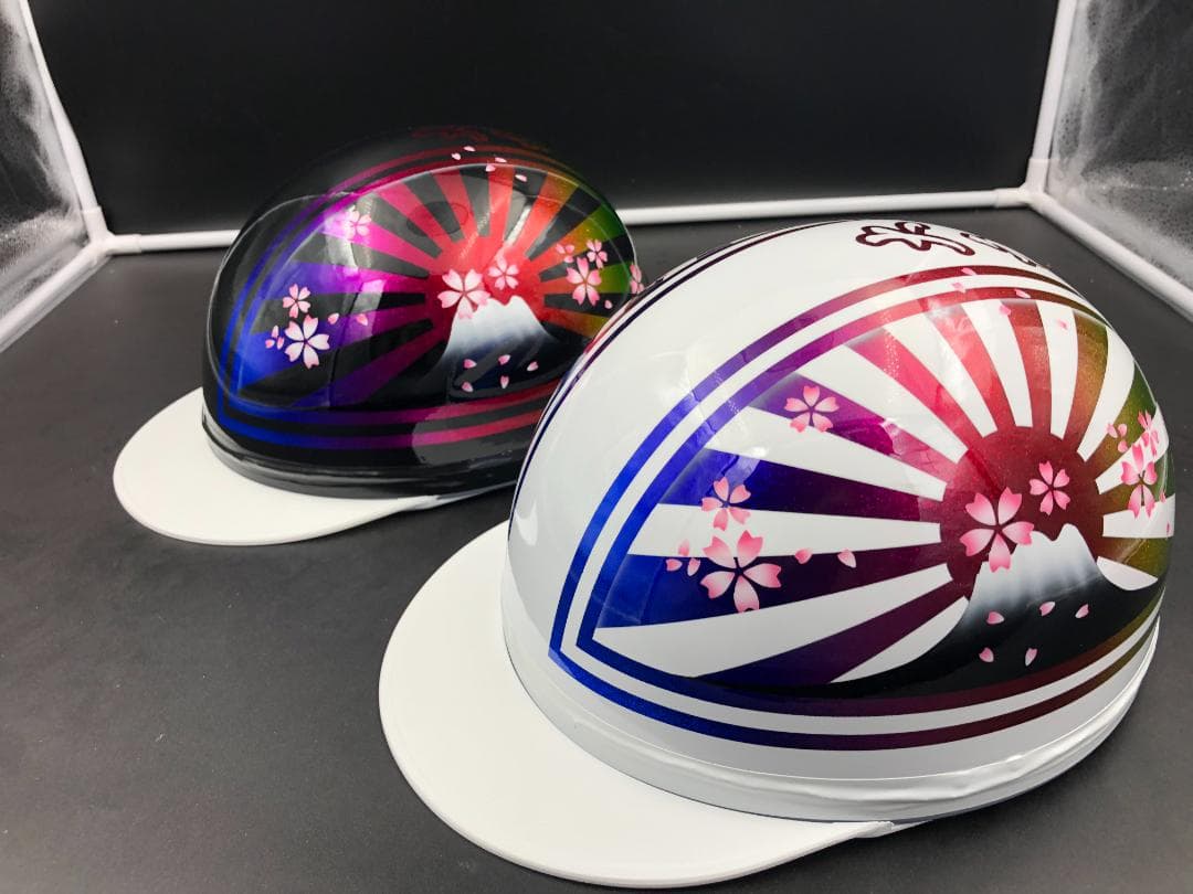 コルク半カスタム富士日章　3つボタン　ブラックホワイトラメグラデーション桜セット