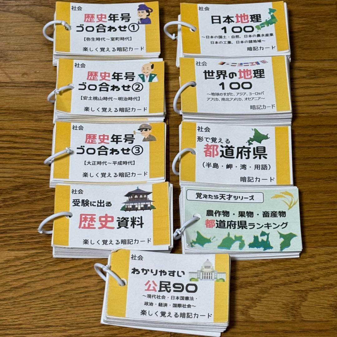 中学受験対策　社会の地理、歴史、公民　基礎暗記カードセット　中学入試　テスト対策