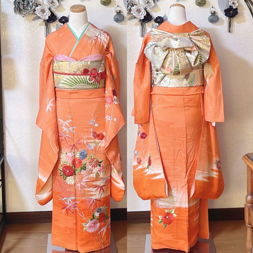 断捨離中の為破格‼️【高級 中振袖５点セット】 正絹 花柄 古典柄 刺繍 成人式