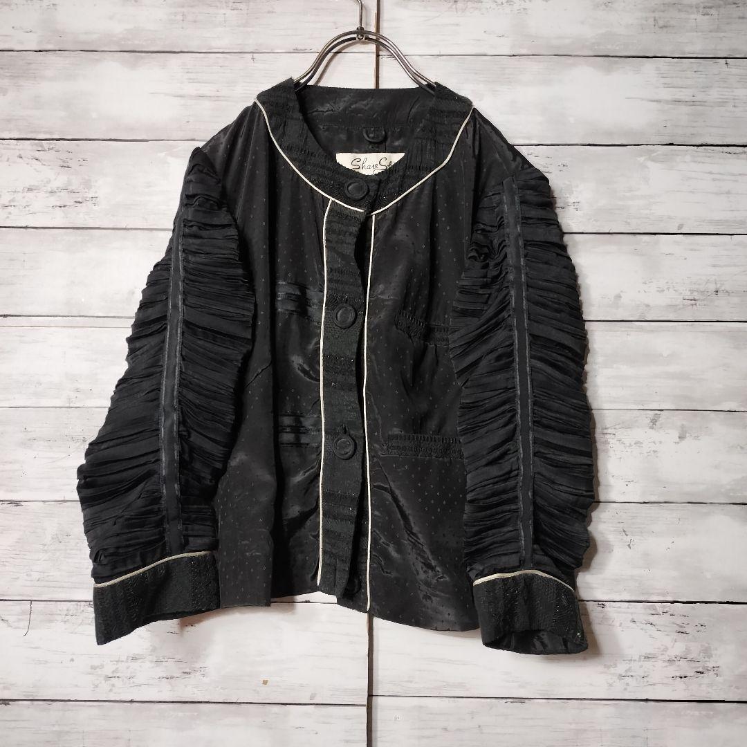 share spirit デザインノーカラージャケット 薄手 フリル ナイロン