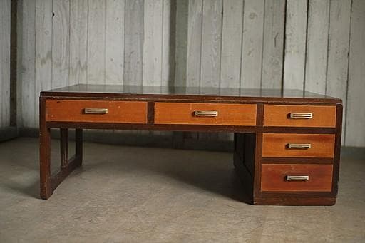 古い木製の片袖机　引き出し5杯　ワークデスク　作業台　古家具　アンティーク家具