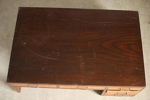 古い木製の片袖机　引き出し5杯　ワークデスク　作業台　古家具　アンティーク家具