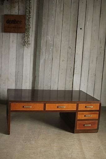 古い木製の片袖机　引き出し5杯　ワークデスク　作業台　古家具　アンティーク家具