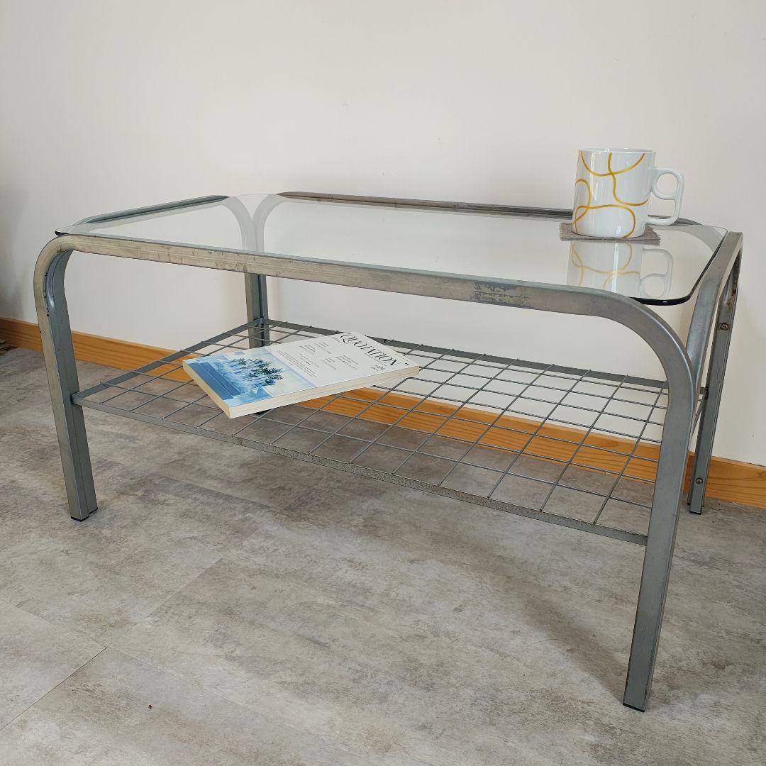 ミッドセンチュリー 昭和レトロ ガラステーブル ローテーブル アイアンフレーム