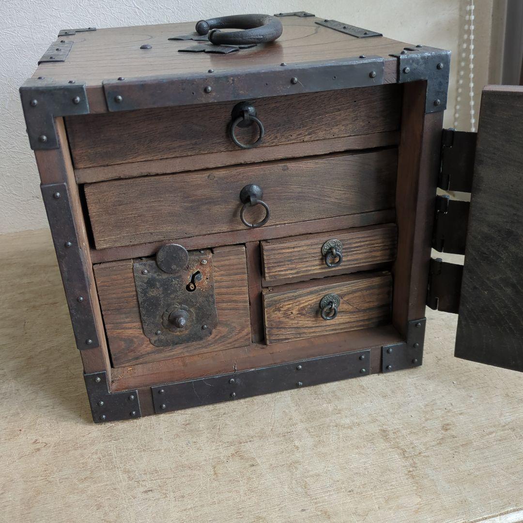 TORU 骨董 船箪笥 銭箱 引き出し 金具 鍵付 手提げ